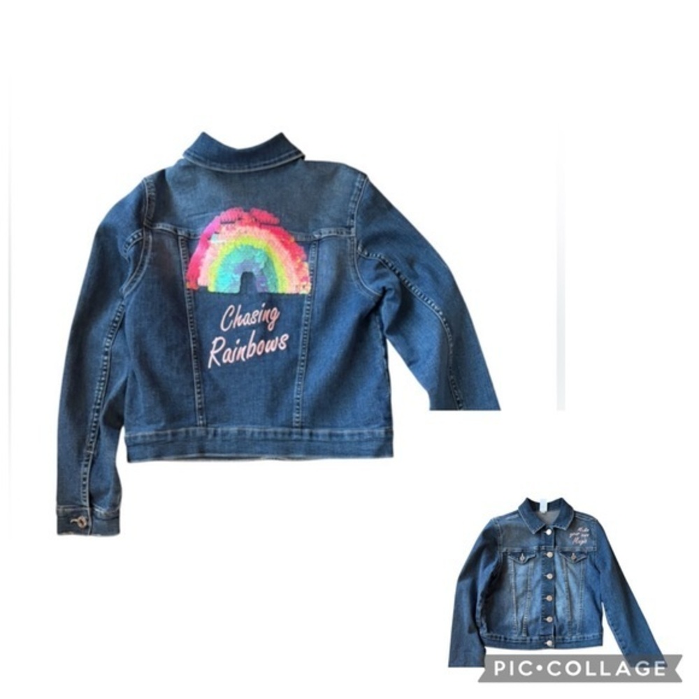 Girls Denim Jacket – Size 9 yrs – Sequin Rainbow “Chasing Rainbow”